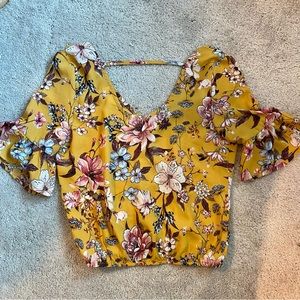 Mustard Yellow Floral Faux Wrap Blouse